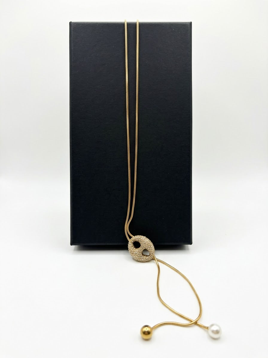 Sautoir doré – Pendentif strass & perle