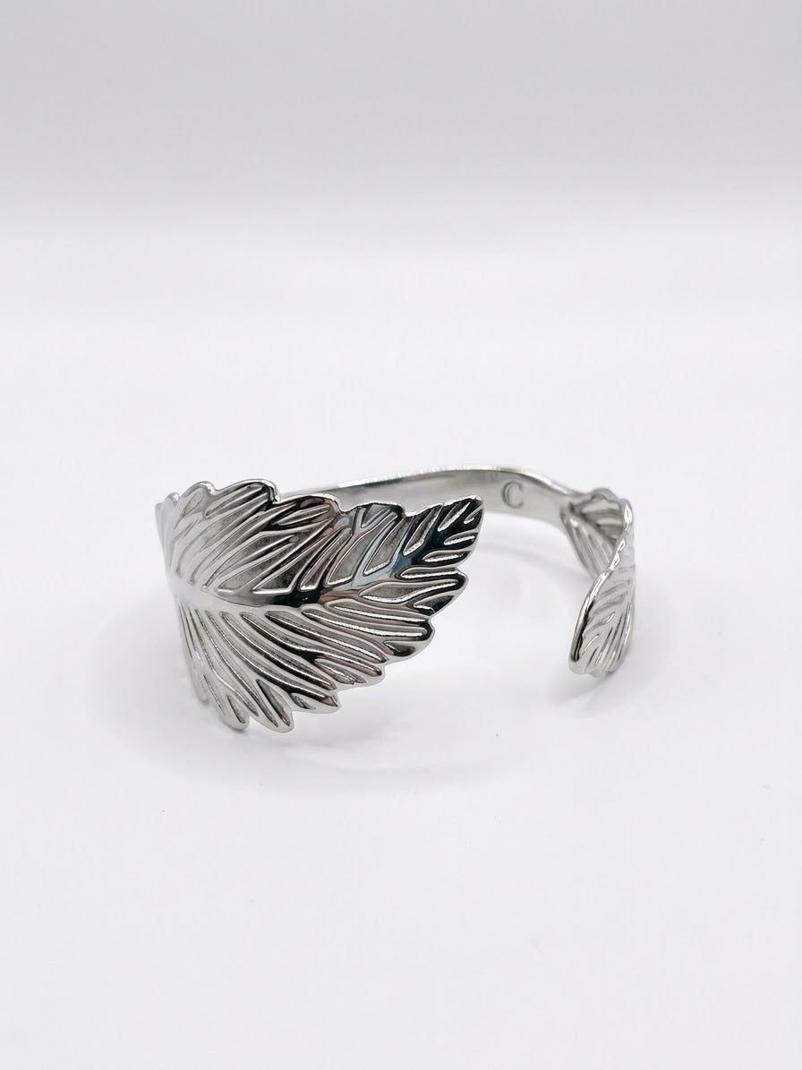 Bracelet jonc - motif feuille argenté